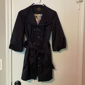 Anthropologie Idra black ruffled trench coat button front  bell sleeves size 0